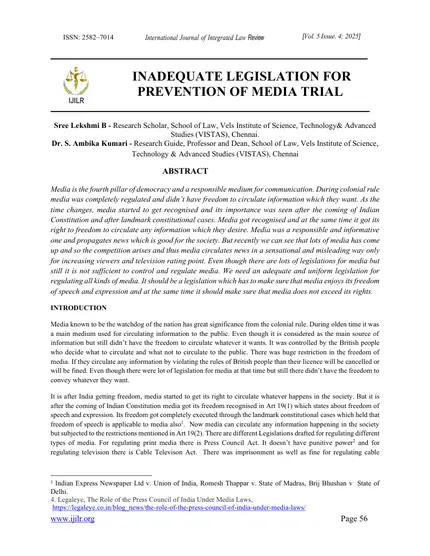 First page of Inadequate Legislation for Prevention of Media Trial