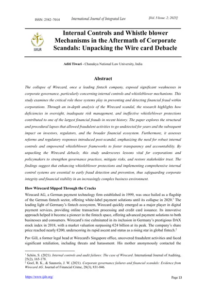 First page of Internal Controls and Whistleblower Mechanisms in the Aftermath of Corporate Scandals: Unpacking the Wirecard Debacle