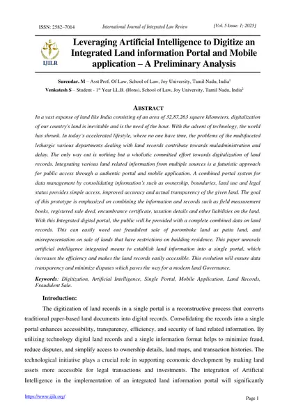 First page of Leveraging Artificial Intelligence to Digitize an Integrated Land Information Portal and Mobile Application: A Preliminary Analysis
