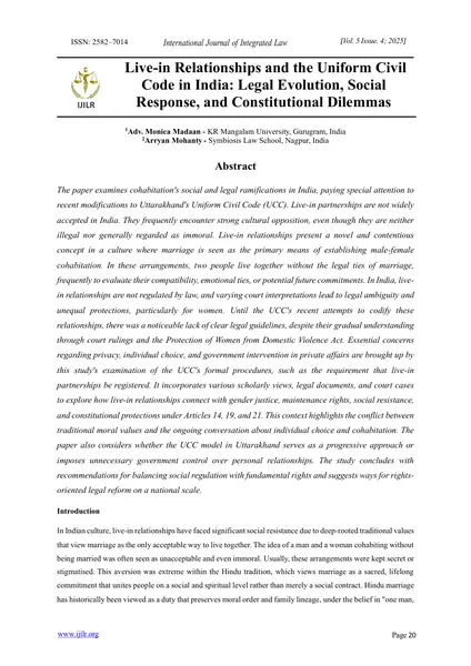 First page of Live-in Relationships and the Uniform Civil Code in India: Legal Evolution, Social Response, and Constitutional Dilemmas