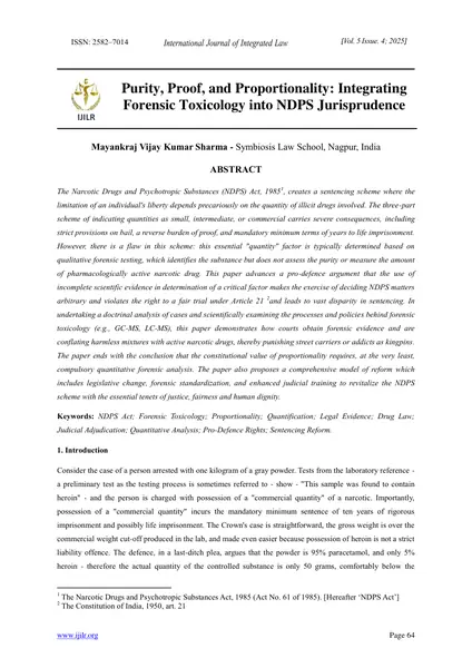 First page of Purity, Proof, and Proportionality: Integrating Forensic Toxicology into NDPS Jurisprudence