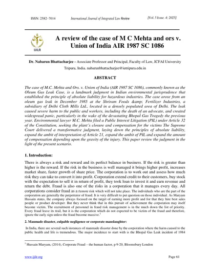 First page of A Review of the Case of M C Mehta and Ors v. Union of India, AIR 1987 SC 1086